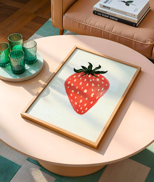 Illustrative design of a vibrant red strawberry with green leaves