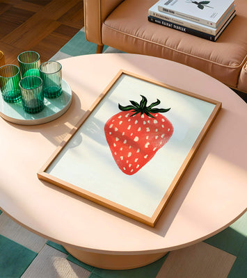 Illustrative design of a vibrant red strawberry with green leaves