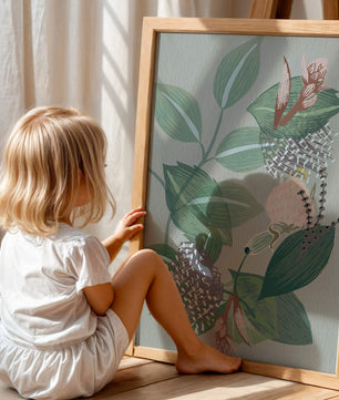 Floral botanical pattern with green leaves and delicate flowers