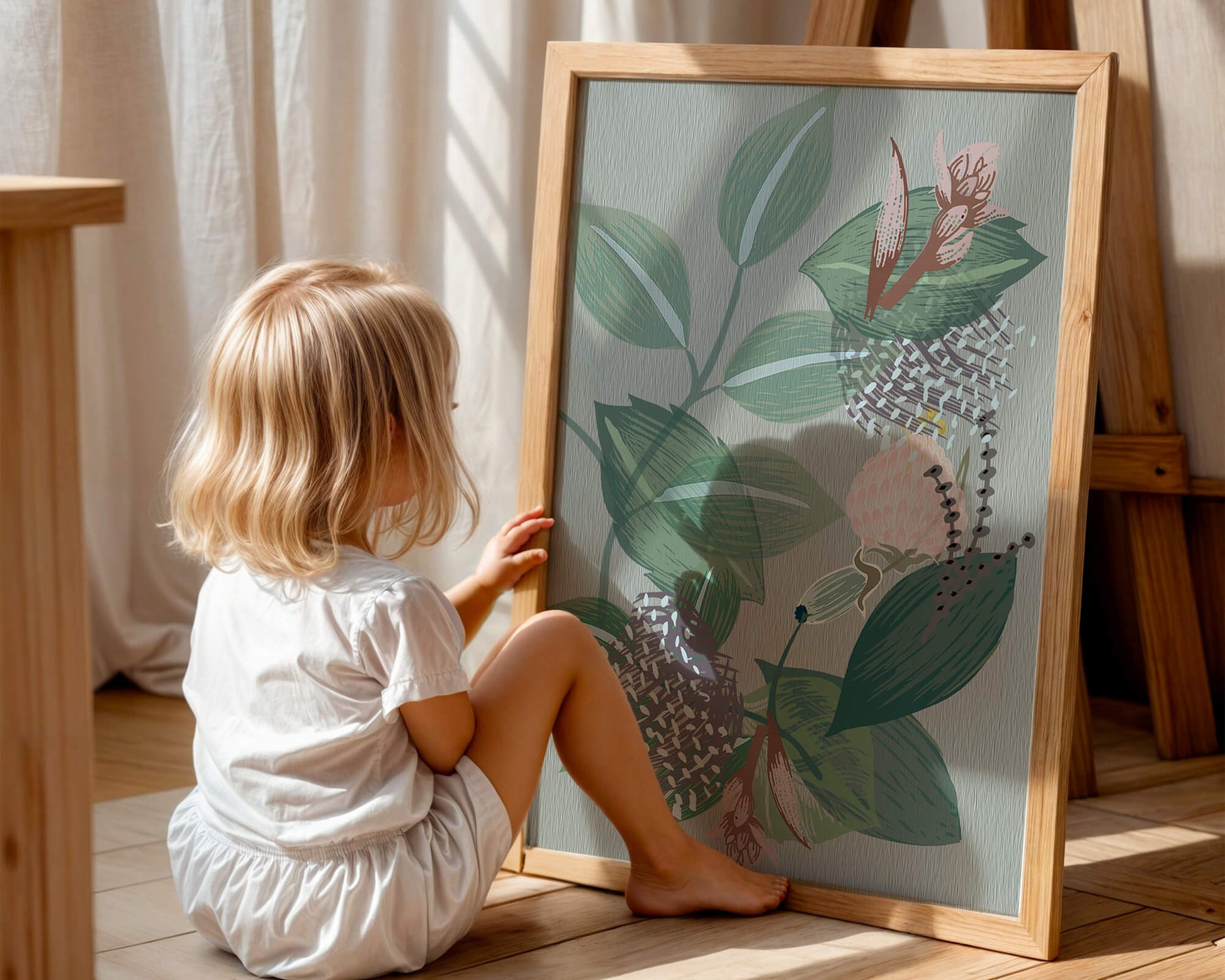 Floral botanical pattern with green leaves and delicate flowers