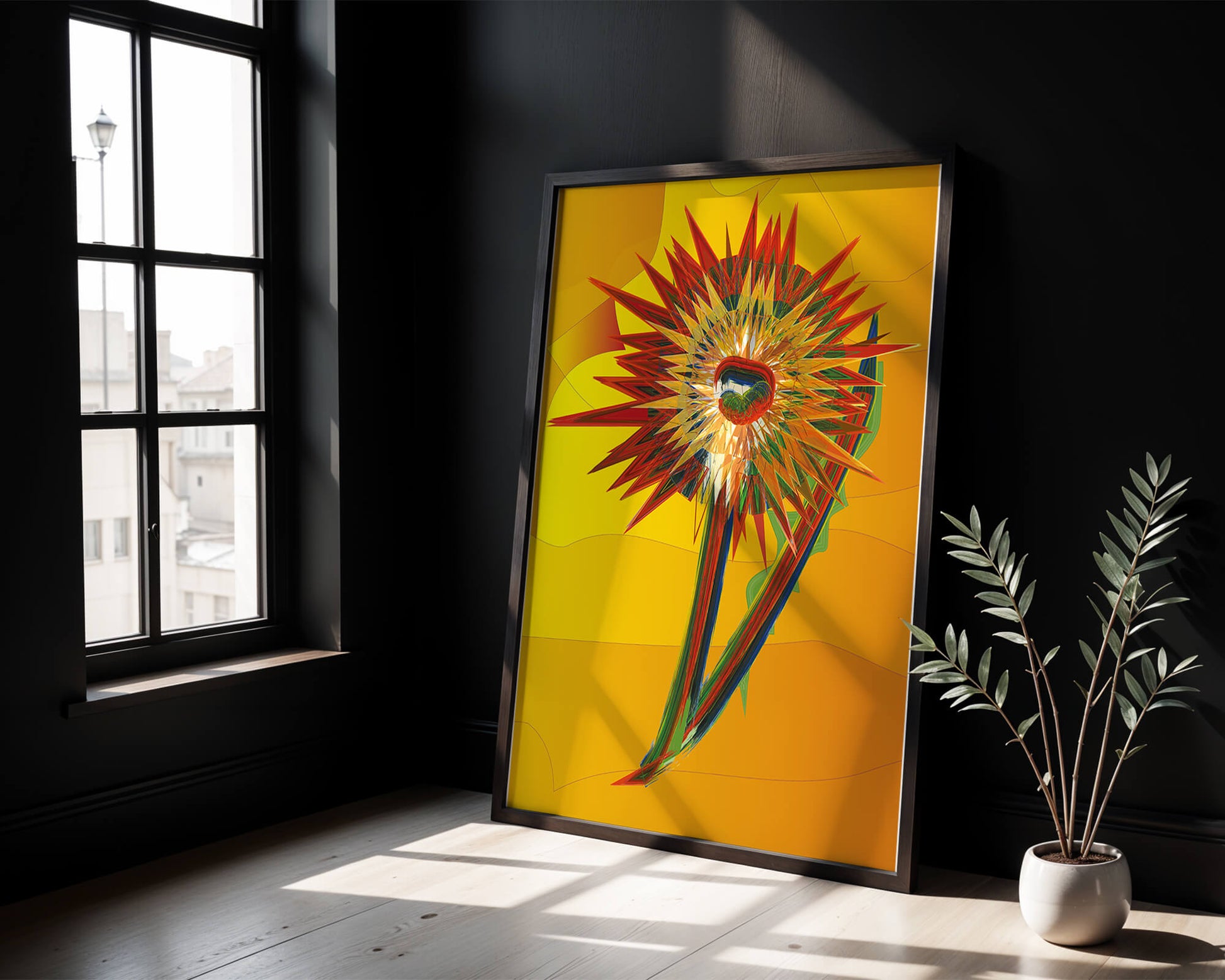 Abstract vibrant sunflower art with dynamic geometric shapes