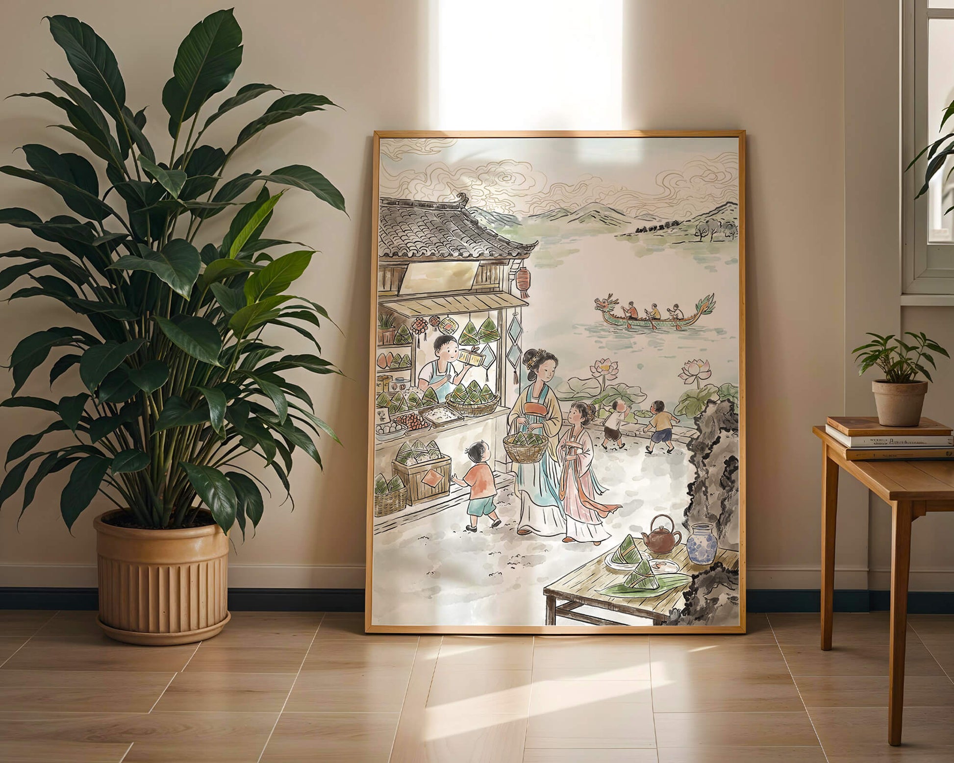 Traditional Chinese Market Scene with Dragon Boat on River