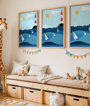 Coastal scene with sailboats and lighthouse on a bright sunny day