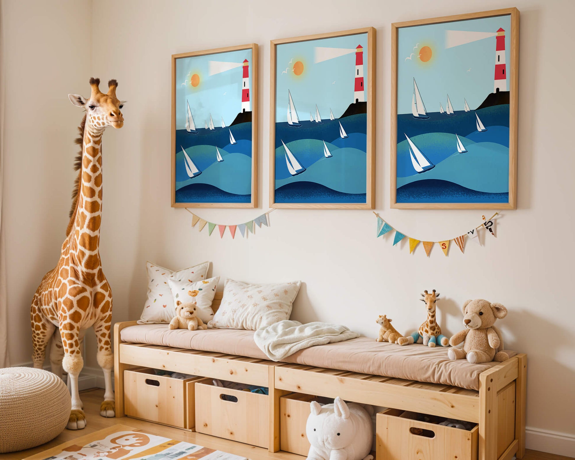 Coastal scene with sailboats and lighthouse on a bright sunny day