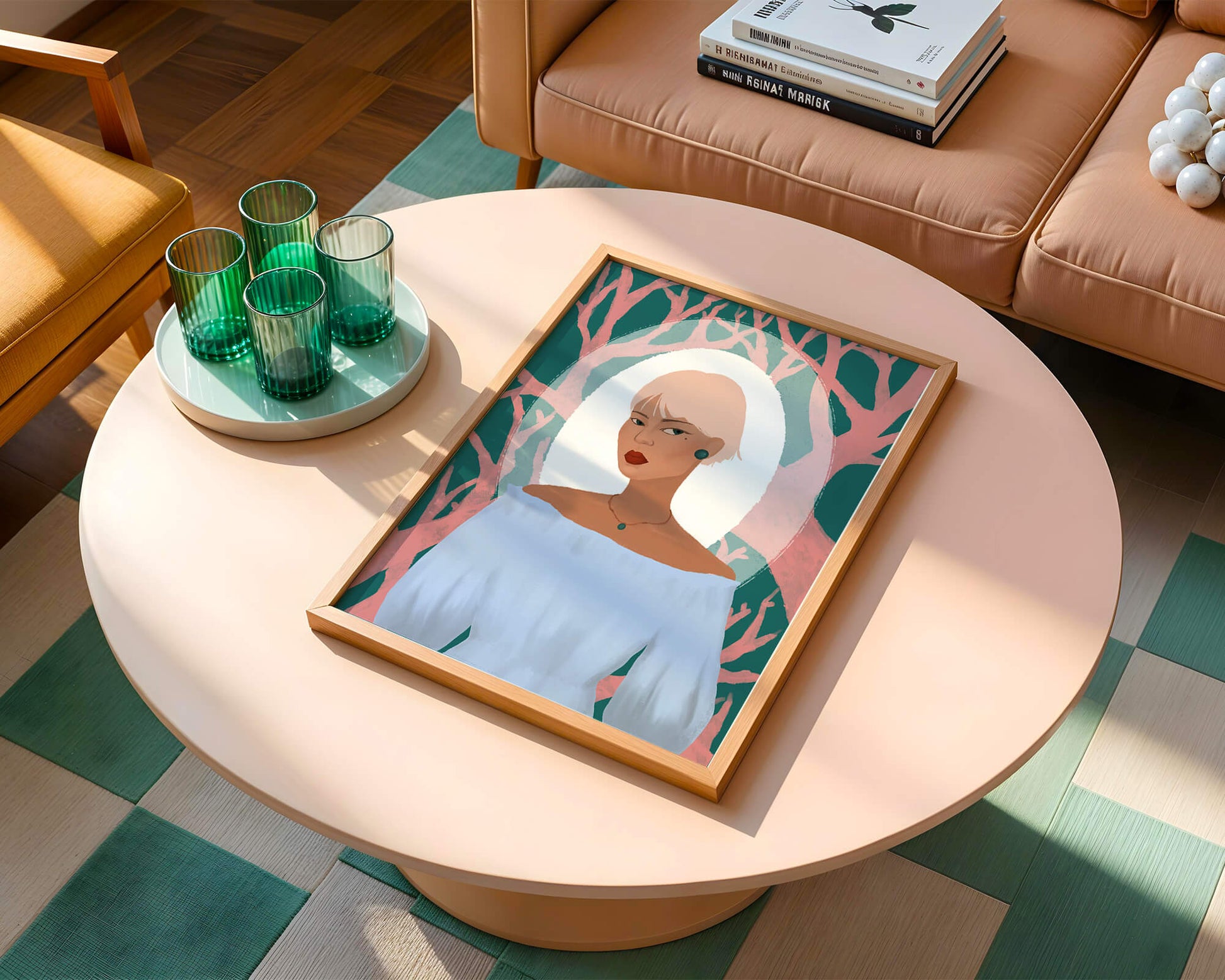 Illustration einer Frau mit einem pastellfarbenen Hintergrund aus abstrakten Bäumen