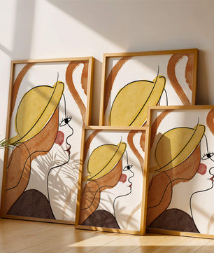 Retrato de línea moderna de una mujer con sombrero y colores vibrantes