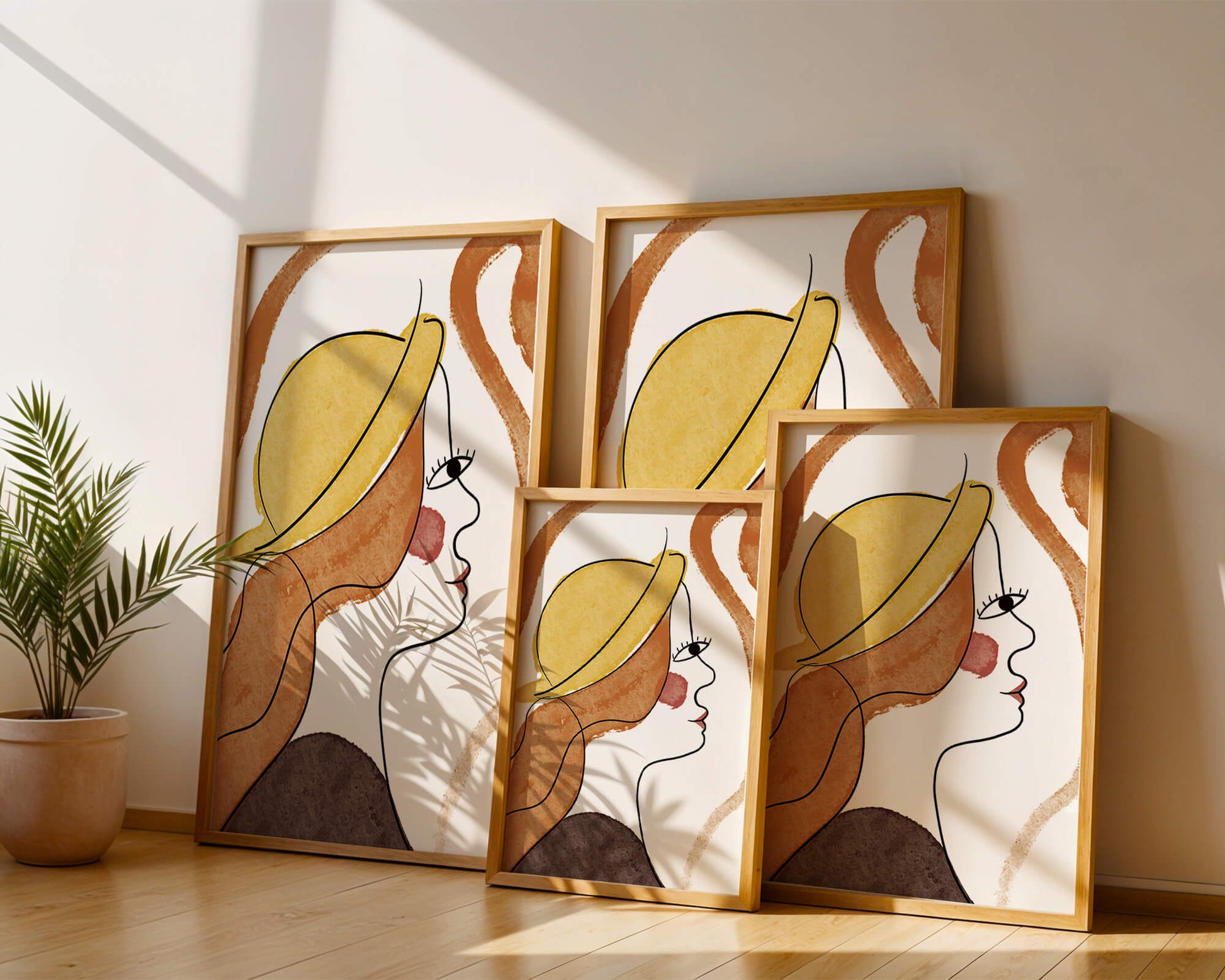 Retrato de línea moderna de una mujer con sombrero y colores vibrantes