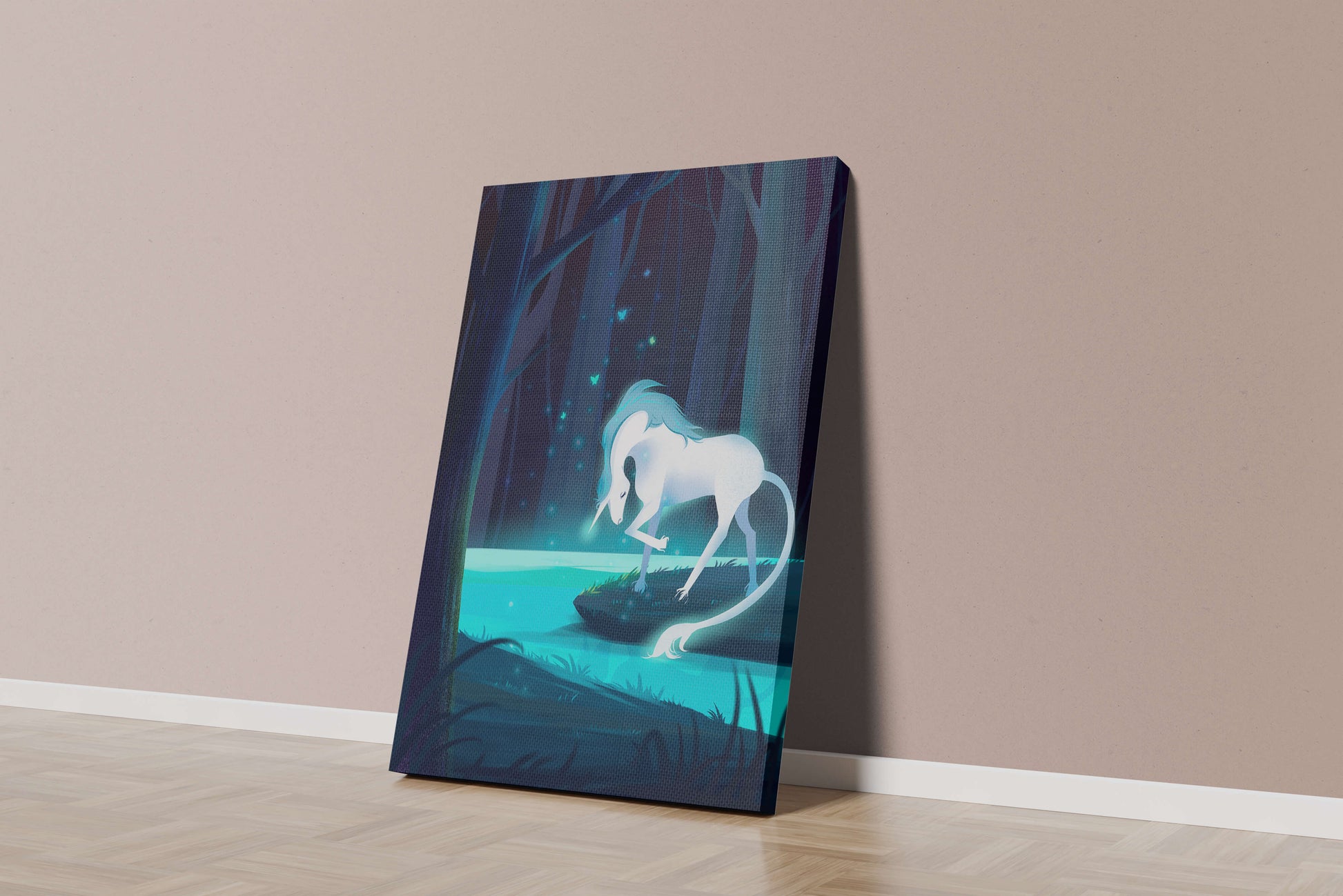 Enchanting night scene with a unicorn by a forest stream