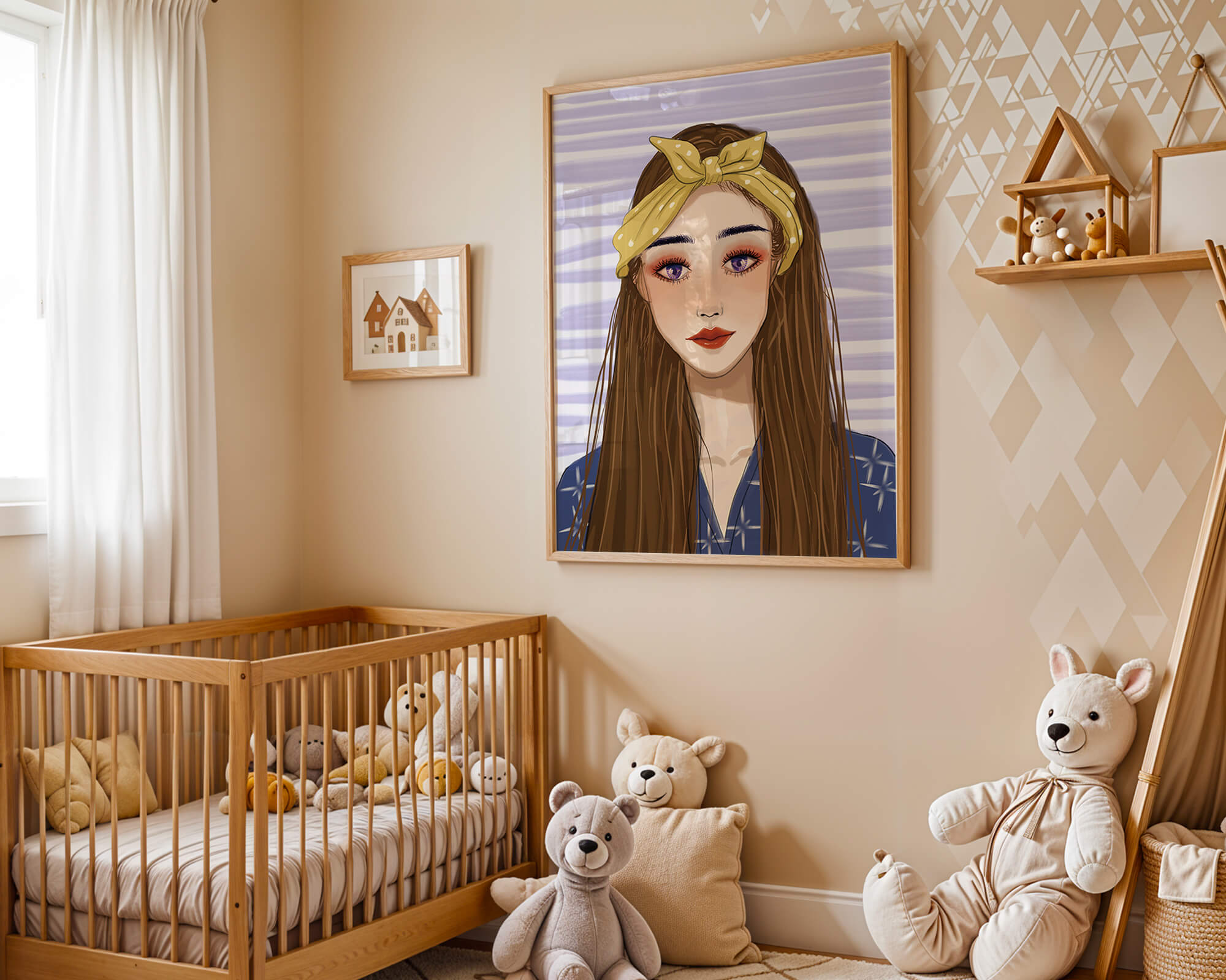 Illustration of a woman with a yellow headband against a striped background