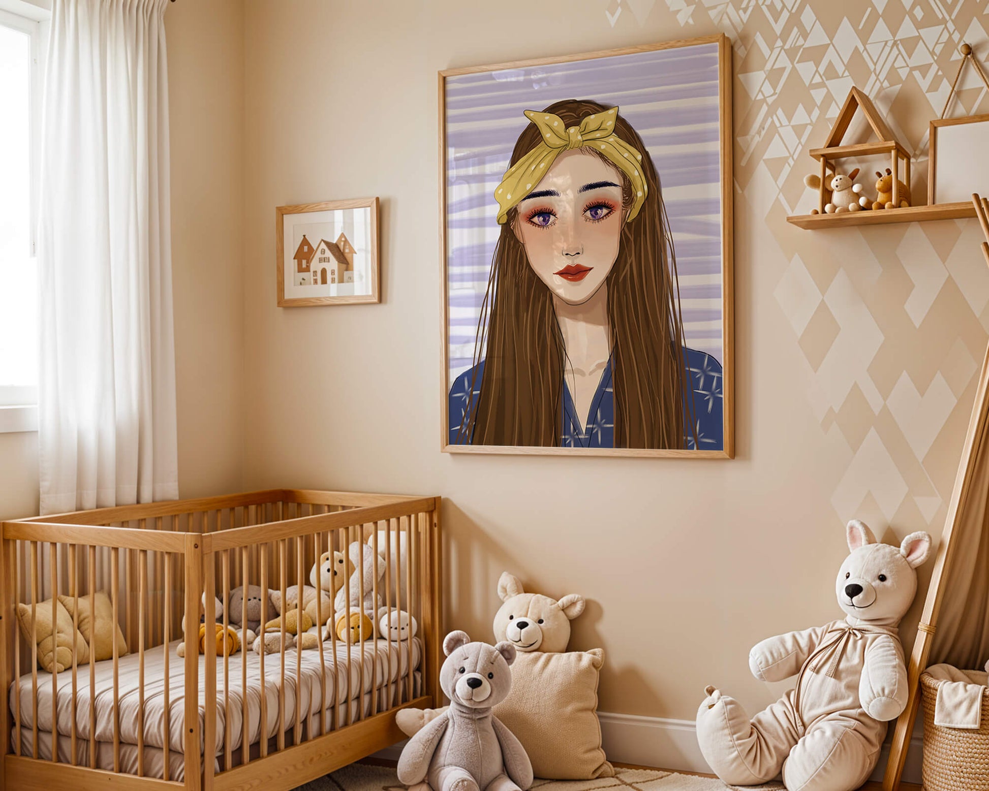 Illustration of a woman with a yellow headband against a striped background
