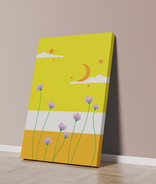 Illustrative landscape with crescent moon, stars, and flowers
