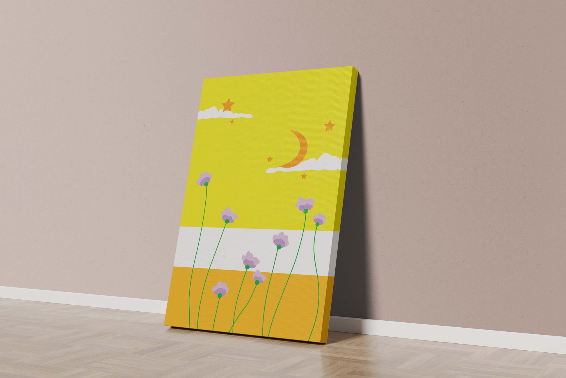 Illustrative landscape with crescent moon, stars, and flowers