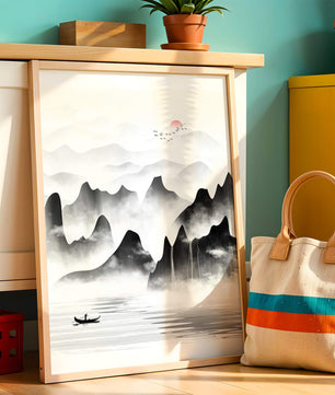 Peaceful mountain landscape with mist and rising sun