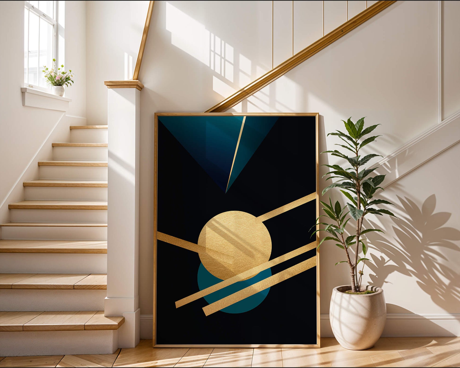 Abstract Geometric Composition with Gold and Blue Elements