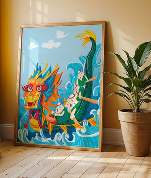 Ilustración vibrante de un dragón en un bote con remeros animados