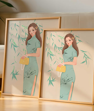 Elegant Woman in Traditional Dress Holding a Yellow Clutch with Bamboo Background