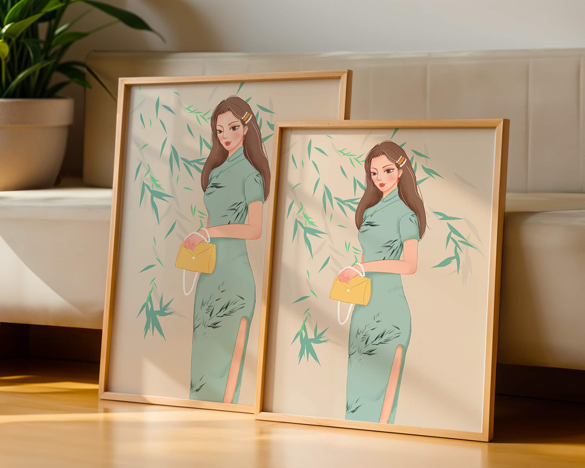 Mujer elegante con vestimenta tradicional sosteniendo un bolso amarillo con fondo de bambú