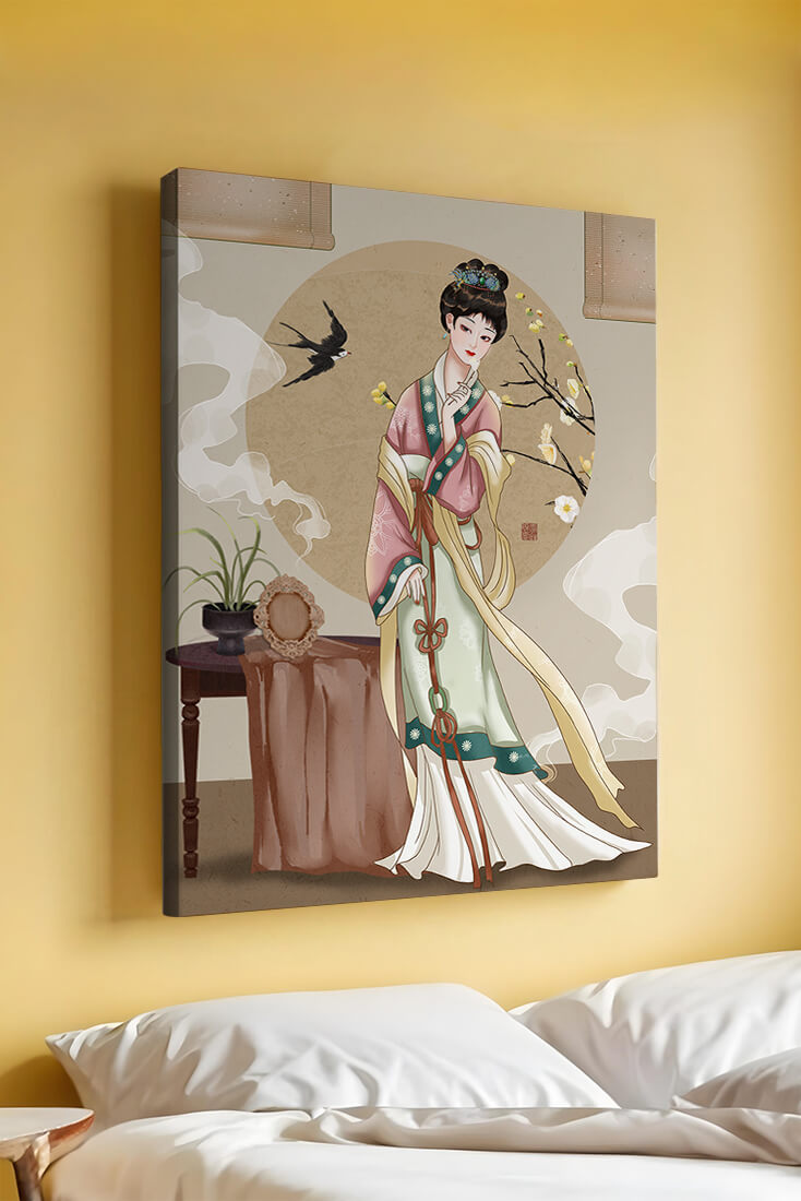 Elegant traditional Asian lady in classic attire with nature elements
