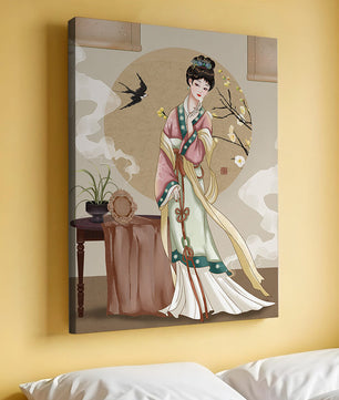 Elegante traditionelle asiatische Dame in klassischer Kleidung mit Naturelementen