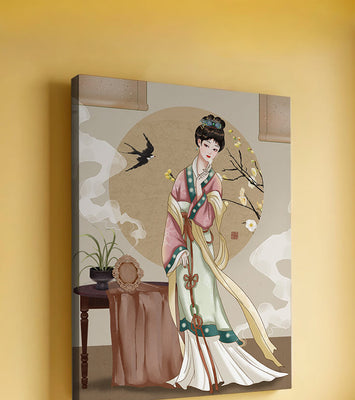 Elegant traditional Asian lady in classic attire with nature elements