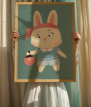 Illustration d'un lapin cartoon avec un bandeau et un sac rond
