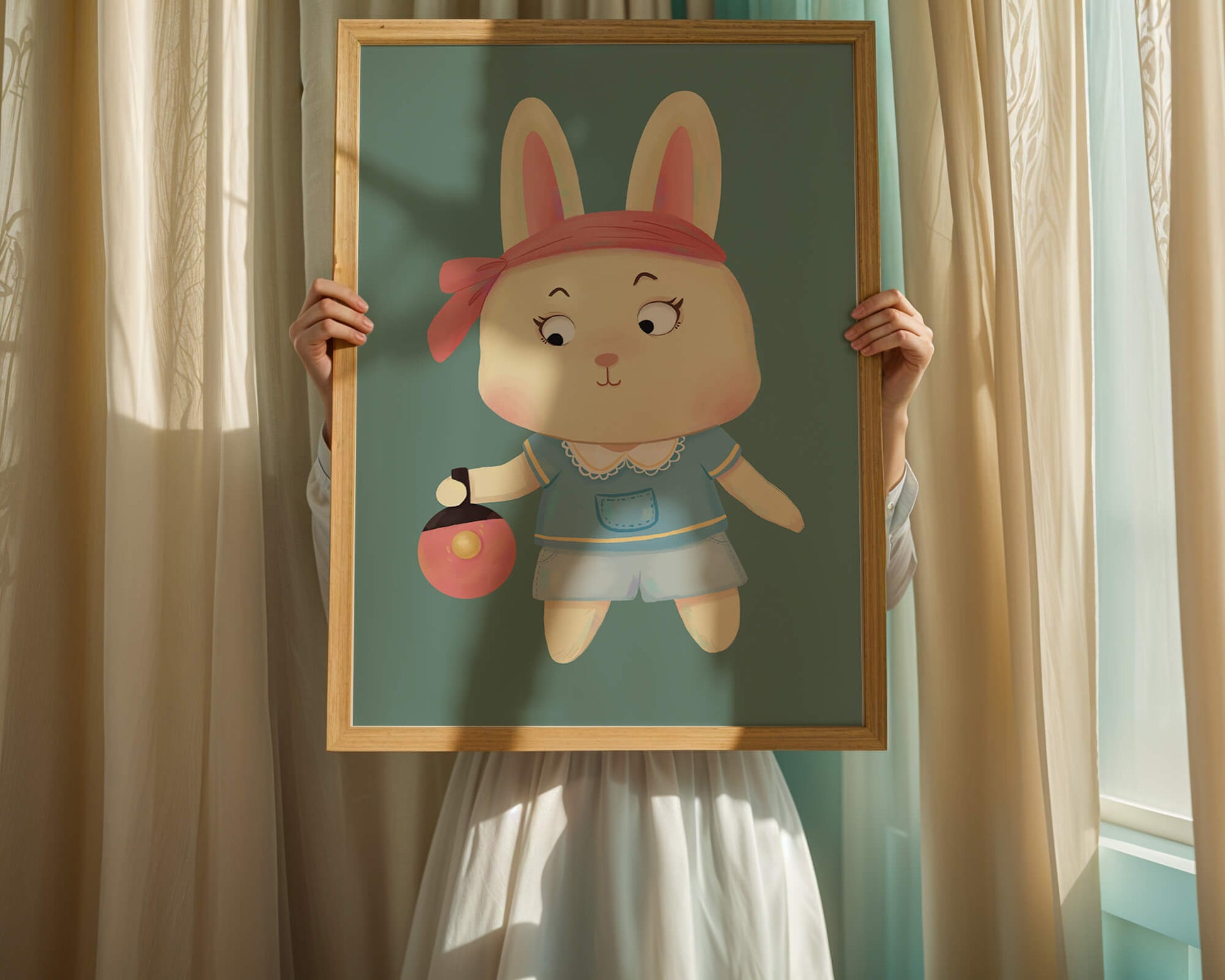 Illustration d'un lapin cartoon avec un bandeau et un sac rond
