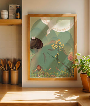 Dreamy nature-inspired illustration with bird and plant elements