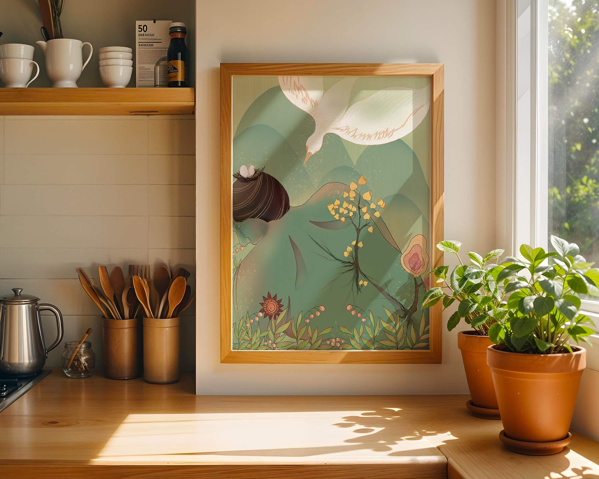 Dreamy nature-inspired illustration with bird and plant elements