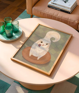 Illustration of fluffy cat with rose on a cushion