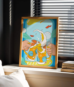 Colorful Illustration of Two Clinking Beer Mugs with Ice Cubes and Citrus Slices