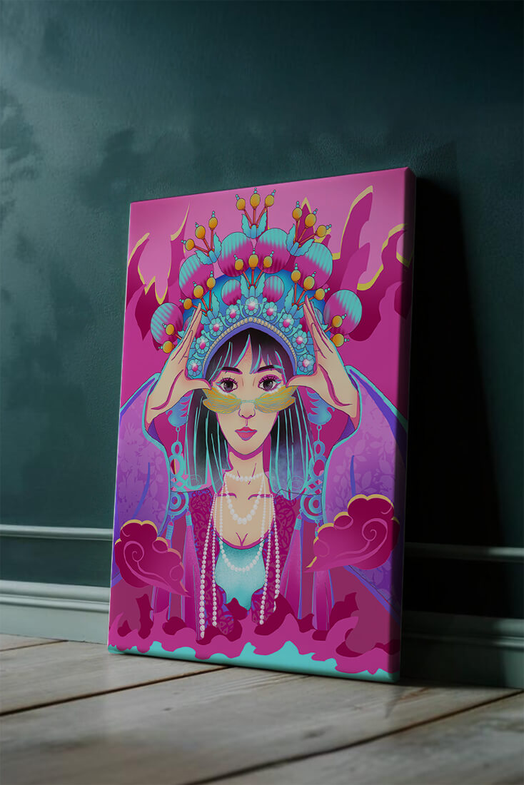 Colorful illustration of a woman in traditional costume with ornate headpiece