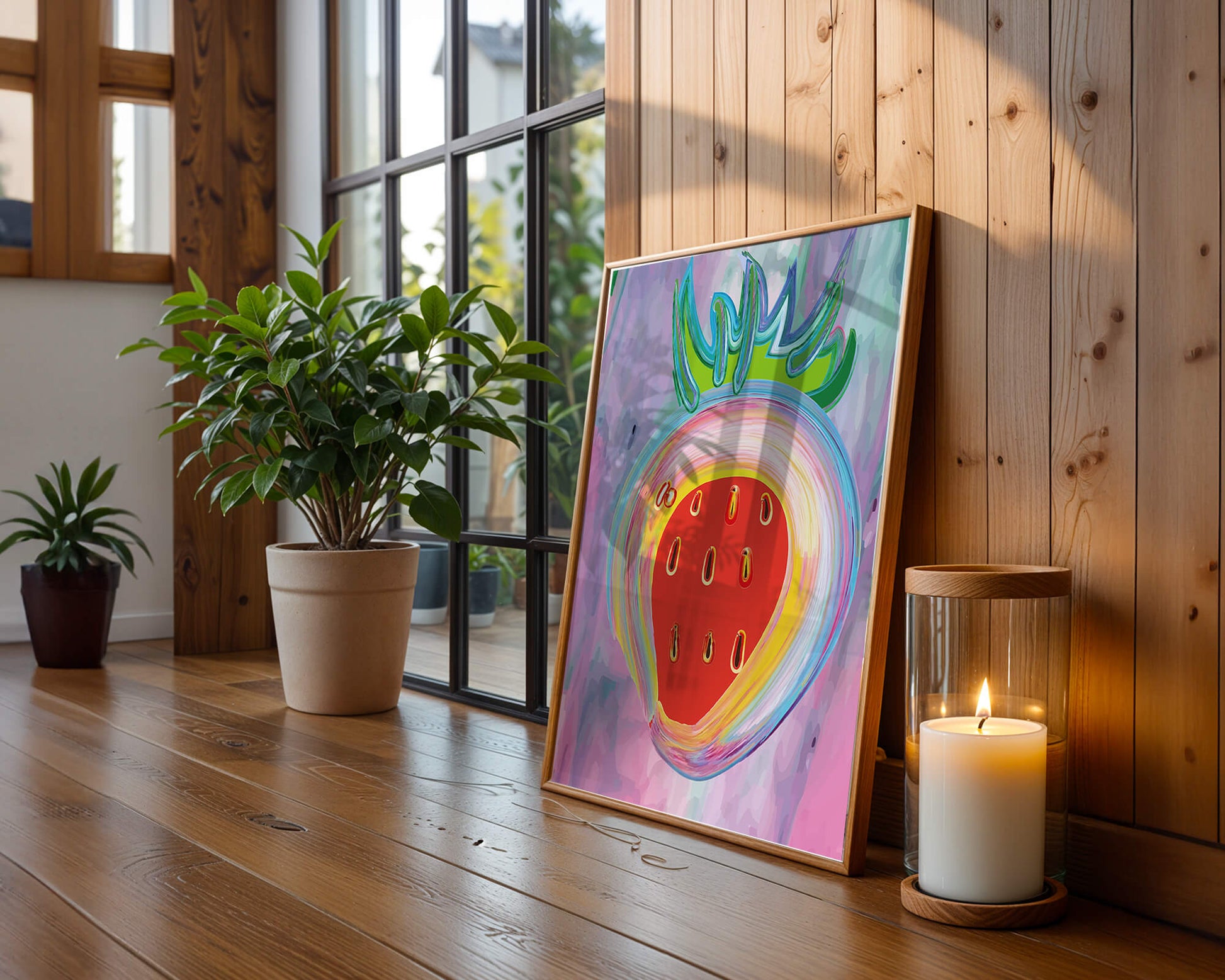 Colorful abstract strawberry with vibrant brush strokes