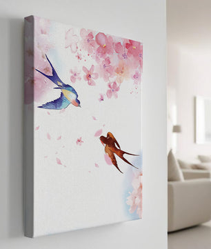 Pájaros coloridos y flores rosadas en una escena primaveral acuarelada