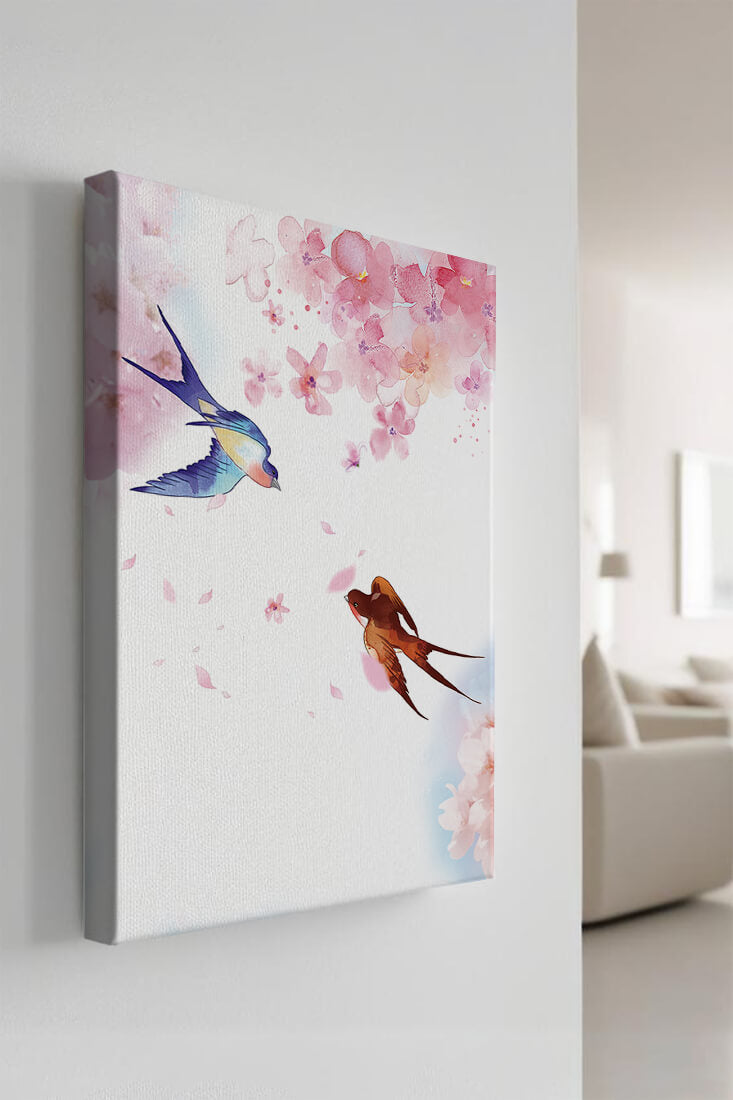Pájaros coloridos y flores rosas en una escena primaveral de acuarela
