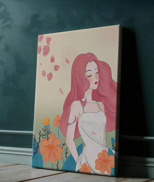 Illustration of a serene woman in a floral dress with flowing red hair