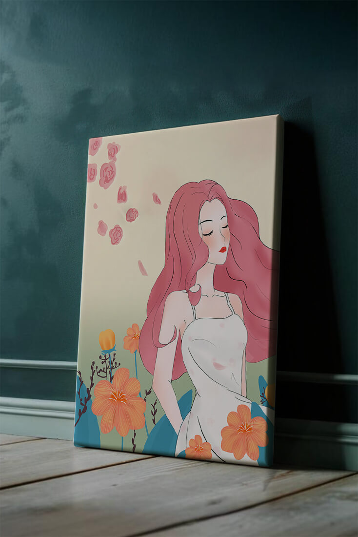 Illustration of a serene woman in a floral dress with flowing red hair