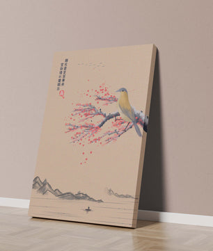Traditional Chinese painting with bird and blossom branch over tranquil landscape