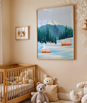 Winter Mountain Landscape with Snowy Cabins and Forest - Mi tienda