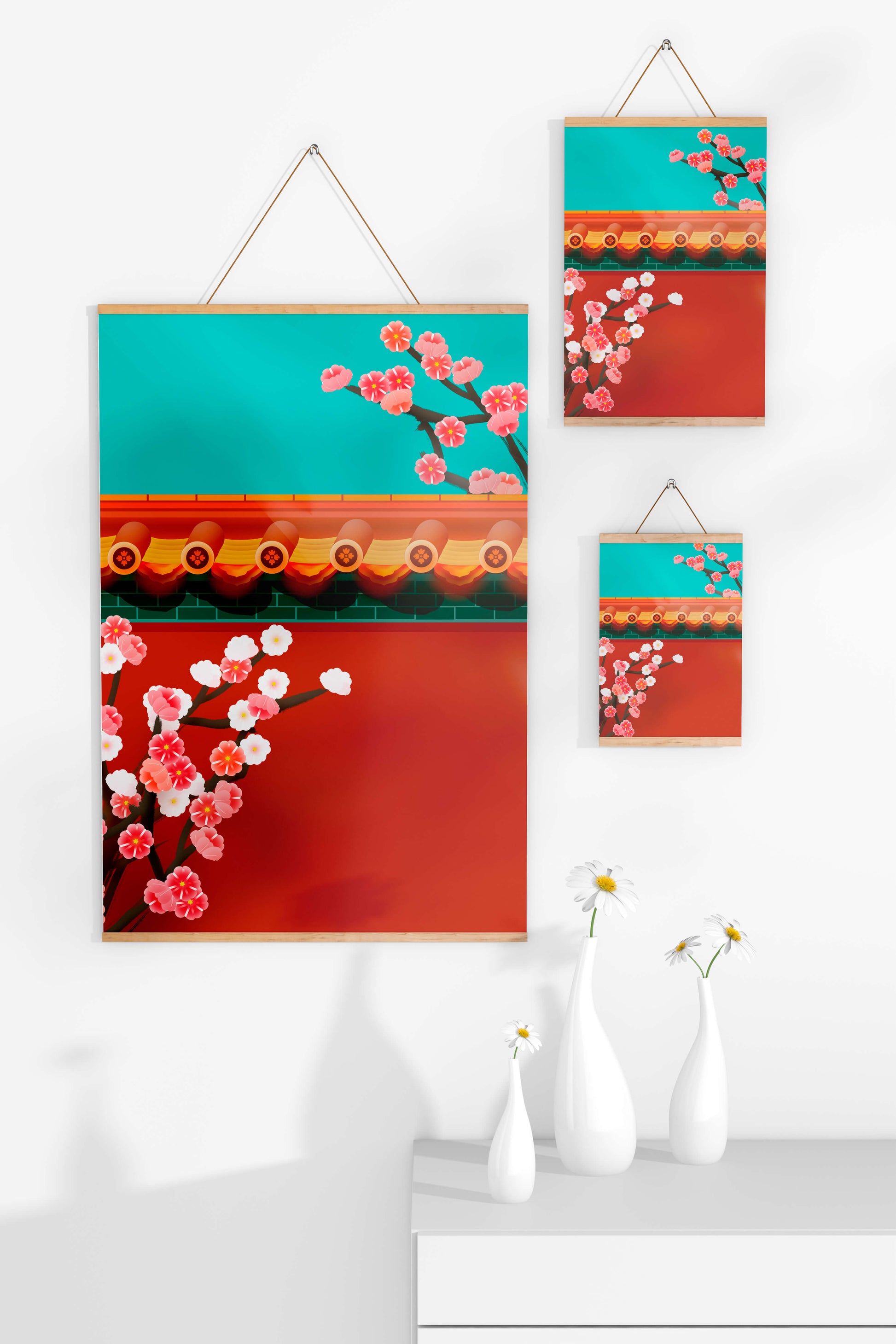 Traditional Asian architecture with cherry blossoms