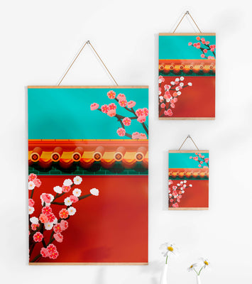 Traditional Asian architecture with cherry blossoms