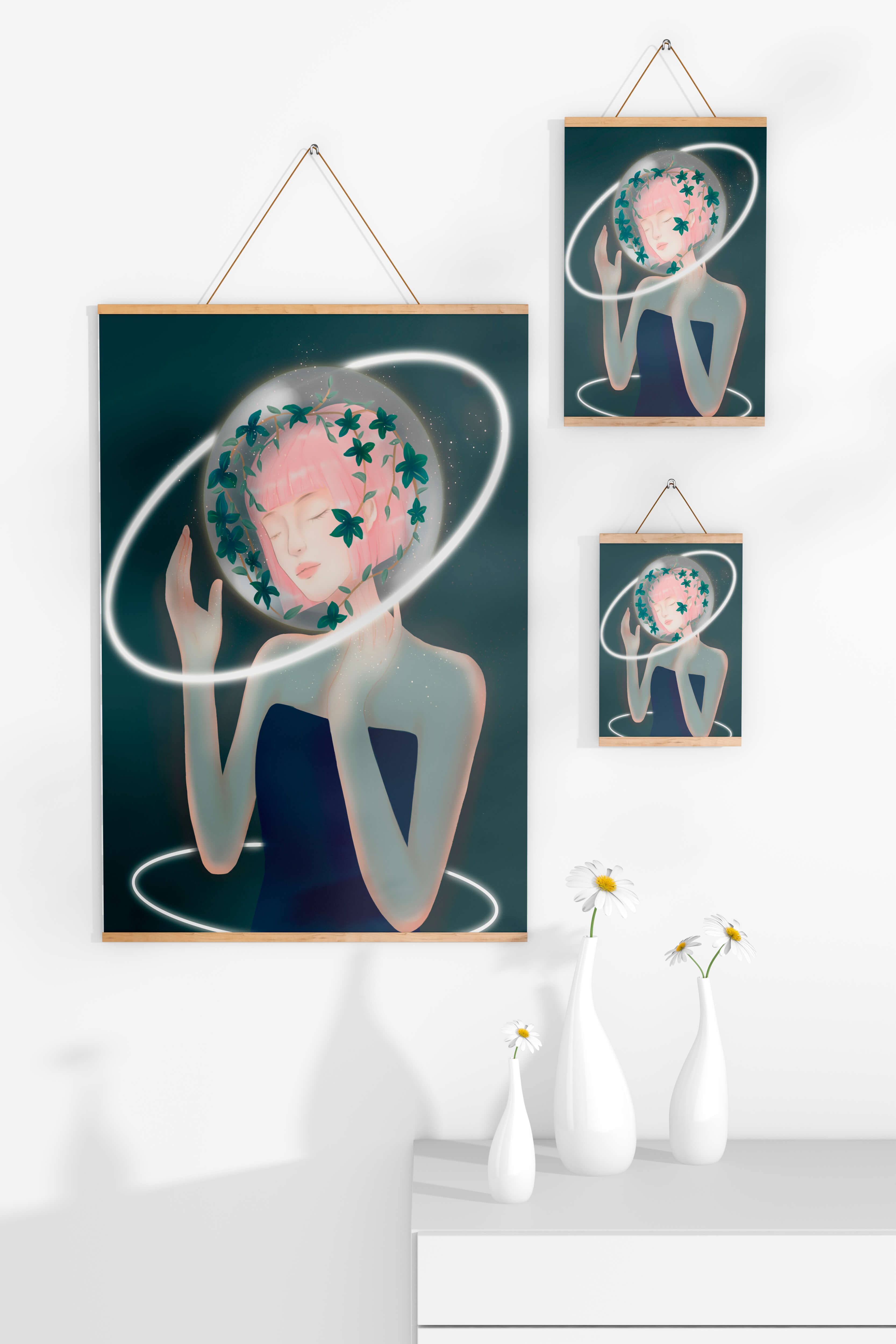 Dreamlike fantasy portrait with ethereal pink-haired figure