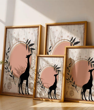 Von der Natur inspiriertes Kunstwerk mit Giraffensilhouette und botanischen Elementen