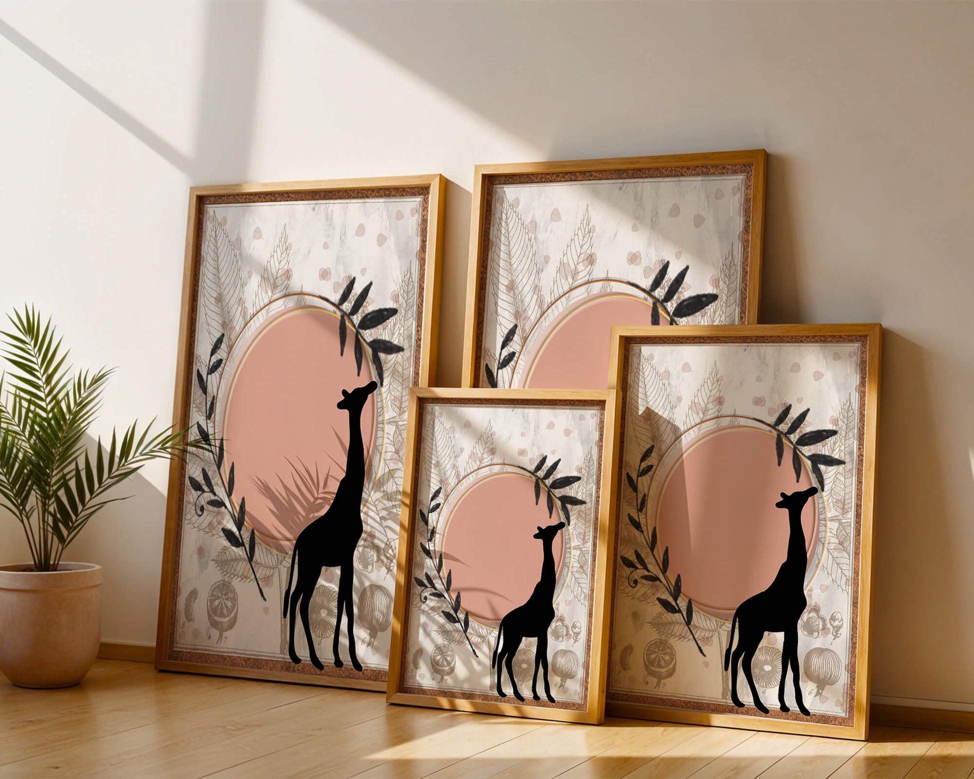 Nature-inspired artwork with giraffe silhouette and botanical elements
