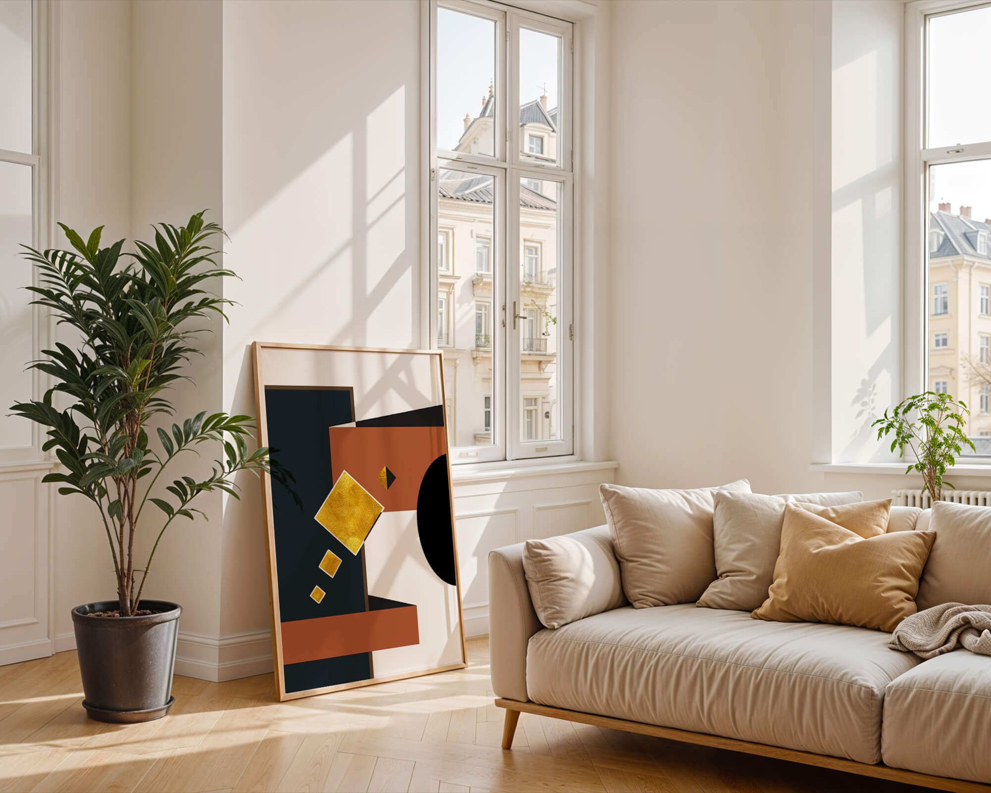 Abstract geometric art with gold accents and bold colors - Mi tienda