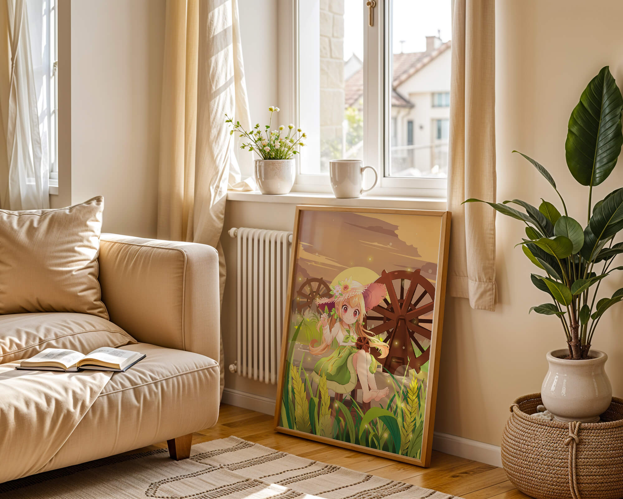Enchanted countryside scene with a cute character and vibrant nature