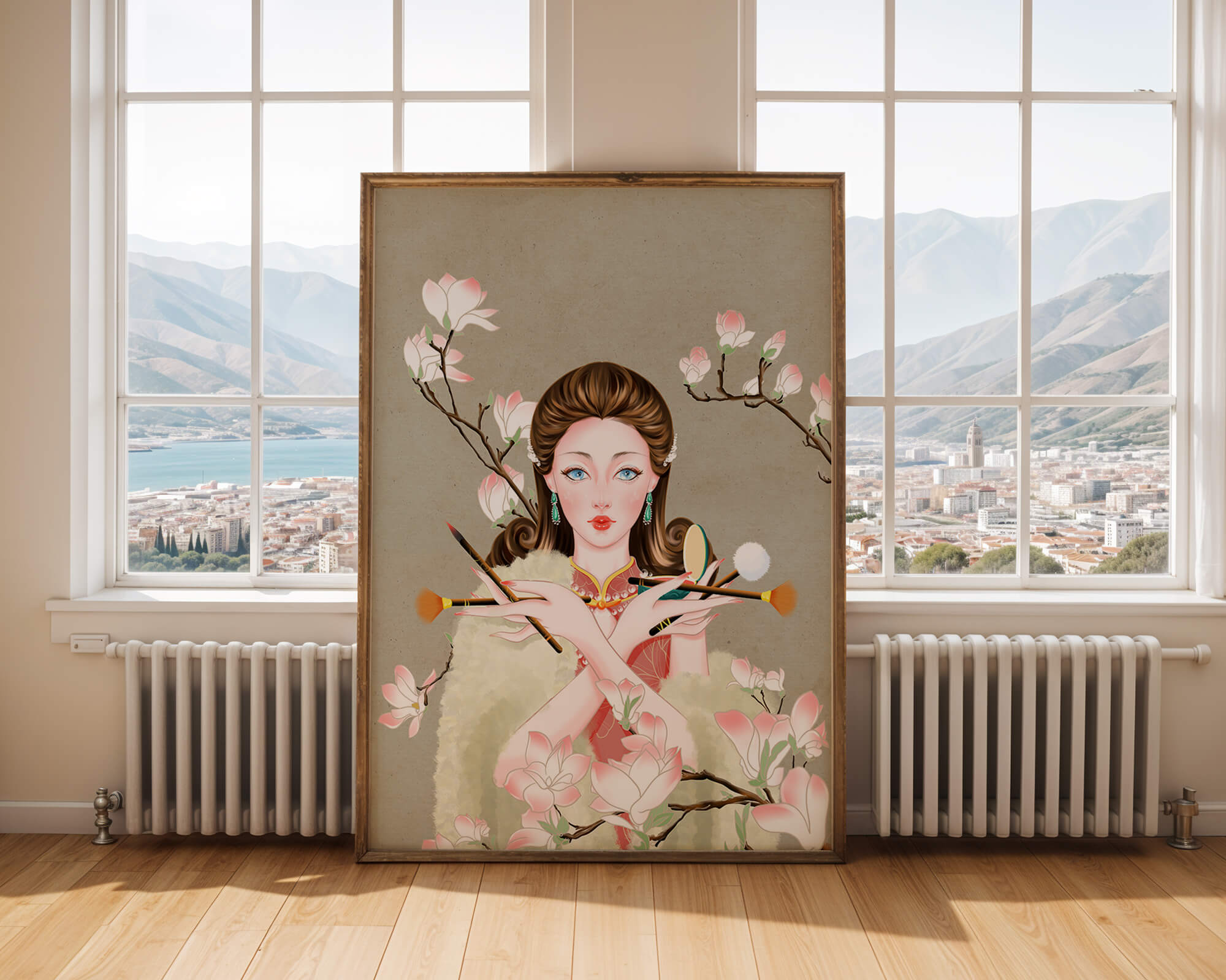 Elegant woman with makeup tools amidst blooming magnolia branches