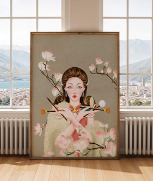 Femme élégante avec des outils de maquillage parmi des branches de magnolia en fleurs