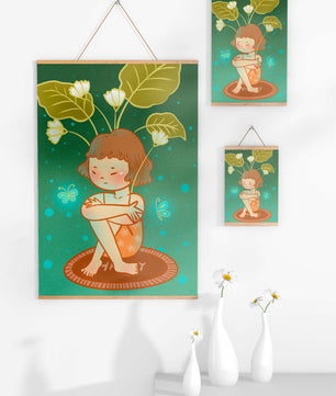 Ilustración de un niño con tocado floral y mariposas