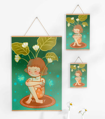 Child with floral headpiece and butterflies illustration
