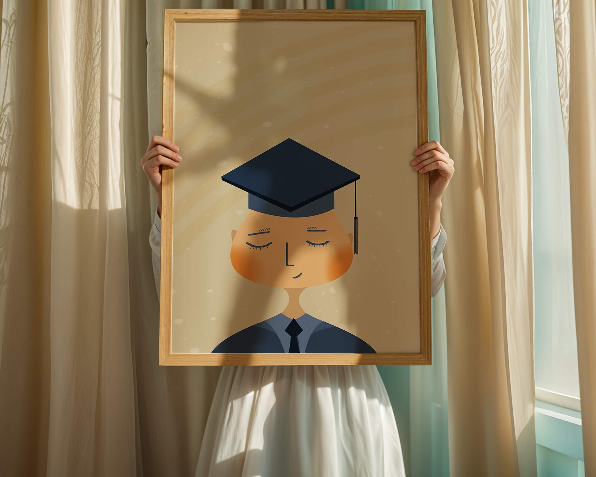 Illustration of a graduate with cap and closed eyes